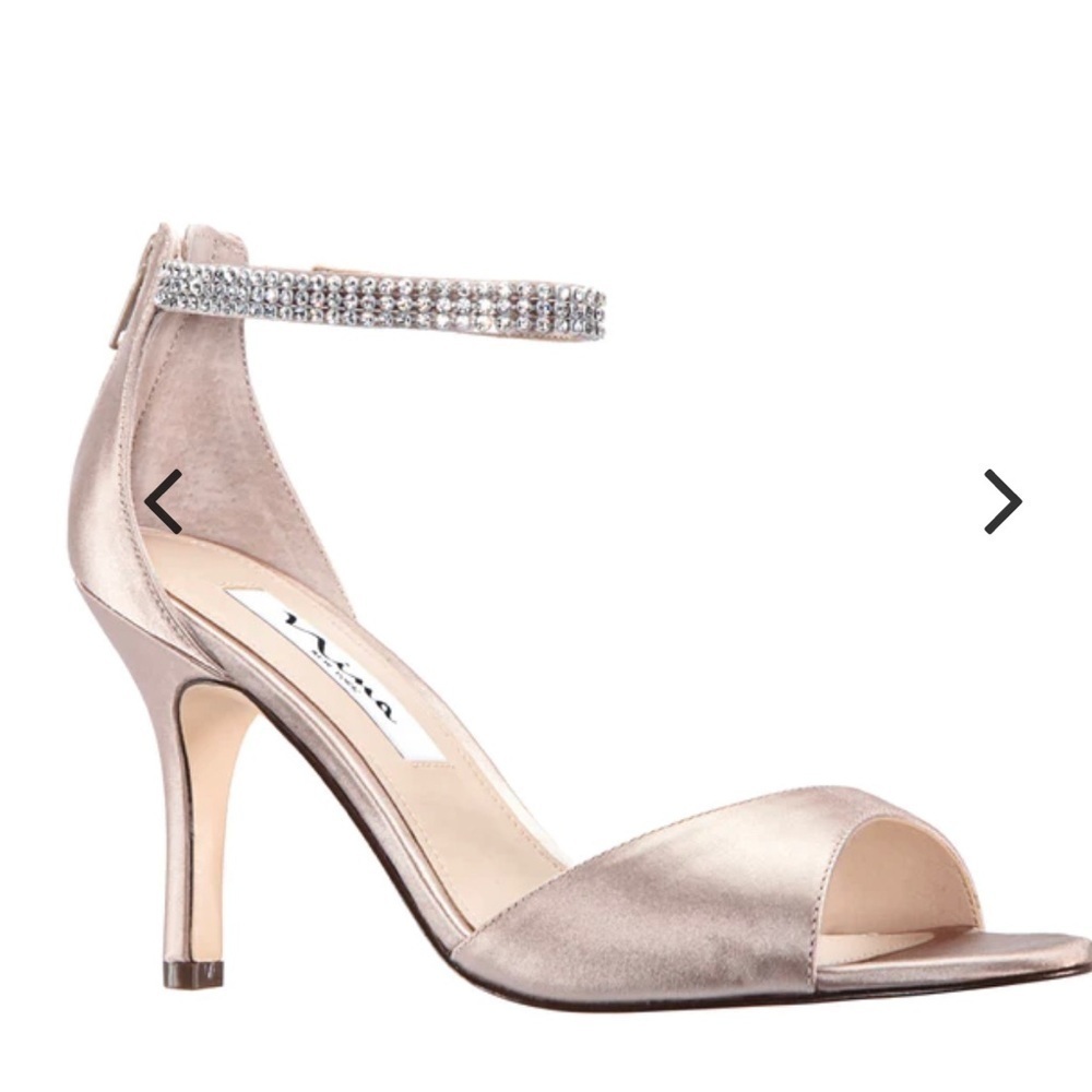 NINA PINK VOLANDA CHAMPAGNE SATIN CRYSTAL STRAP HIGH HEEL DRESSY SANDAL 8M
